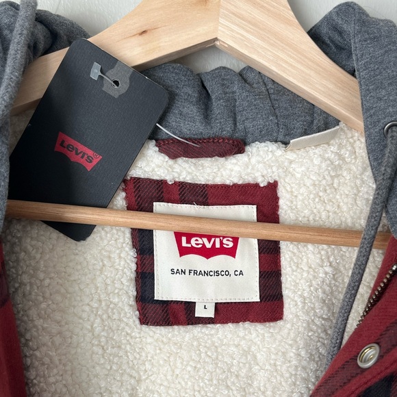 Levi's Francico Sherpa Flannel hooded shirt jacket red NEW large - Picture 12 of 15